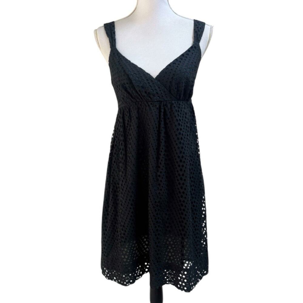 Vince Eyelet Babydoll Mini Dress Womens Sz 6 Black Pockets Cottagecore Preppy